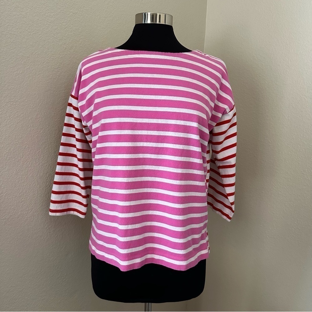 J. Crew Pink White Striped Boxy Boatneck 3/4 Sleeves Top Size S